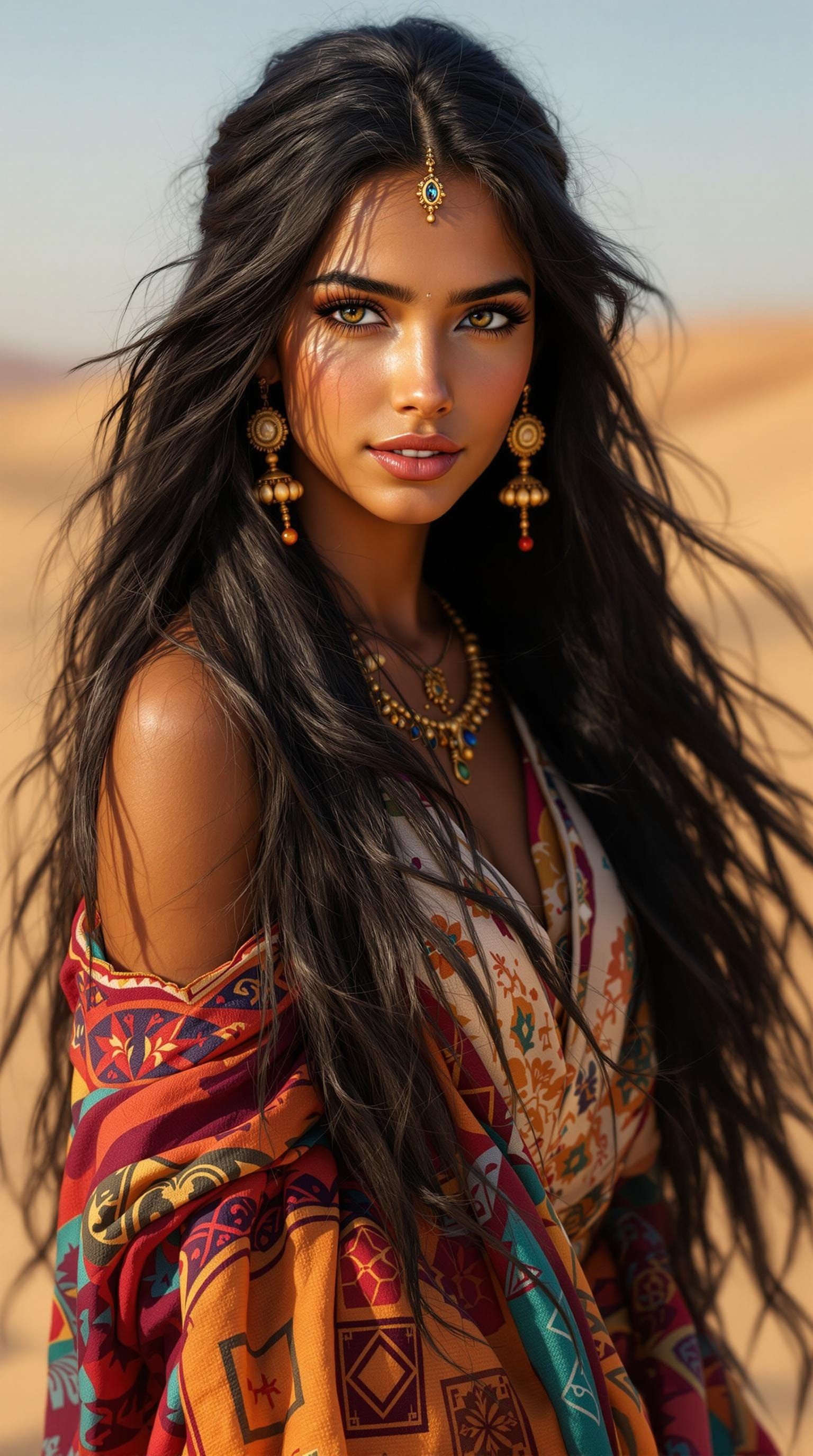 Bedouin Muse with Majestic Long Black Hair in Serene Desert...