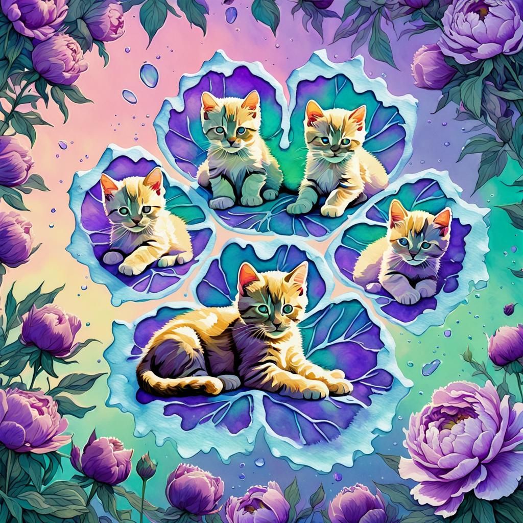 Kittens Playing in Pawprint Etched with Purple Peonies