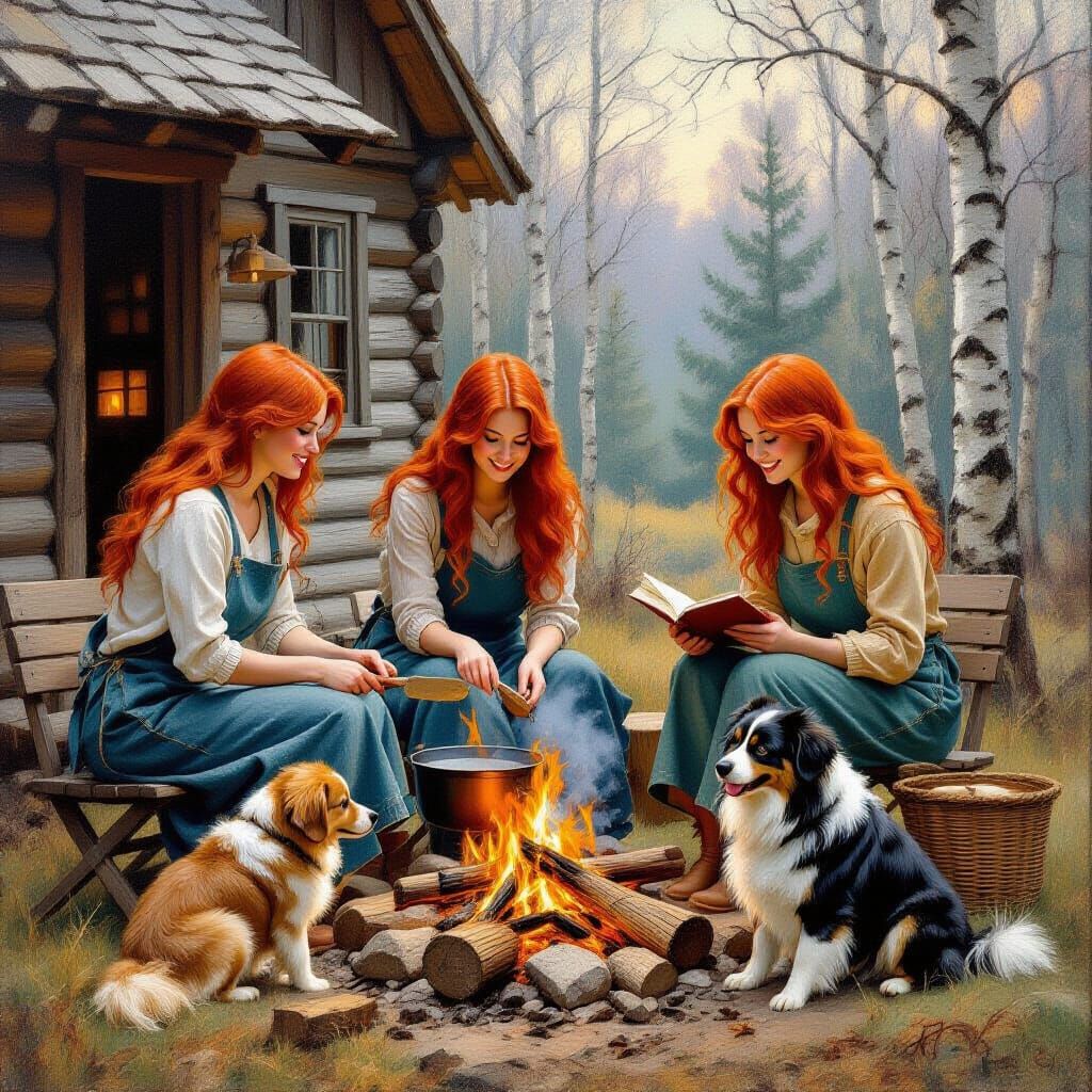 Idyllic Cabin Scene in Oil Painting Style