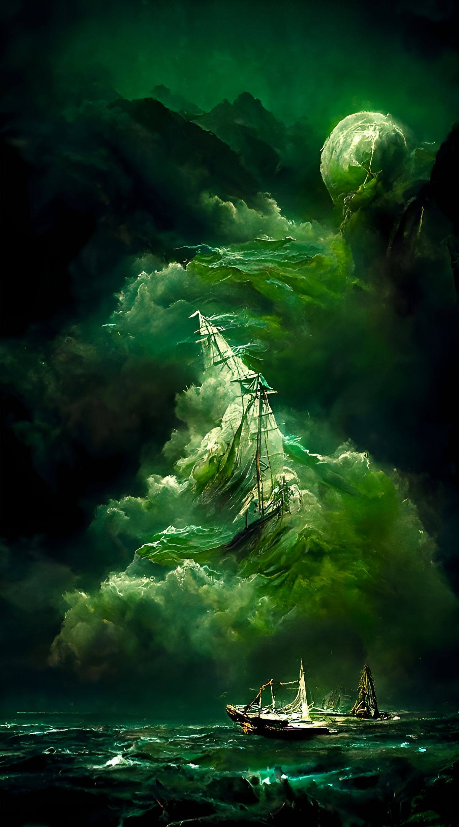 Ghost Ship Sails Through Luminous Green Storm