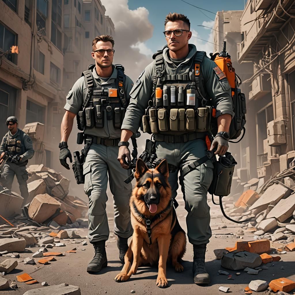 Combat Medic and German Shepherd in Detailed Digital Paintin...