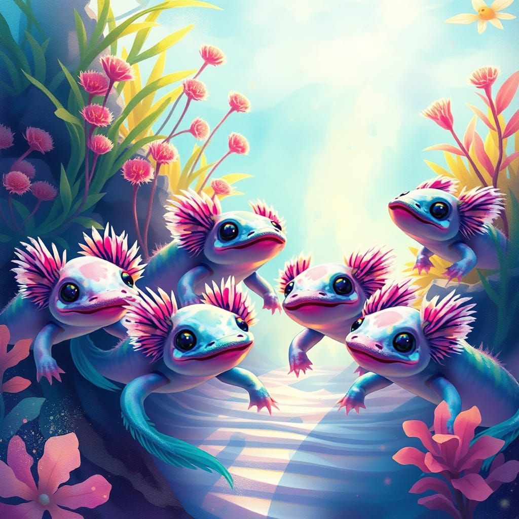 Iridescent Axolotls in a Fluorescent Oasis