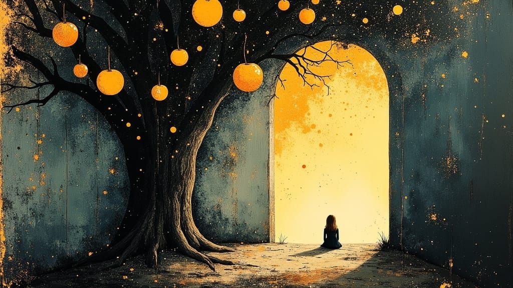 Lone Girl in Ruin Under Glowing Apple Tree, Textured Paintin...