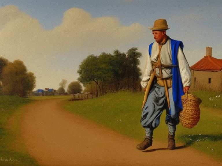 Man in Blue Costume in Rural Landscape