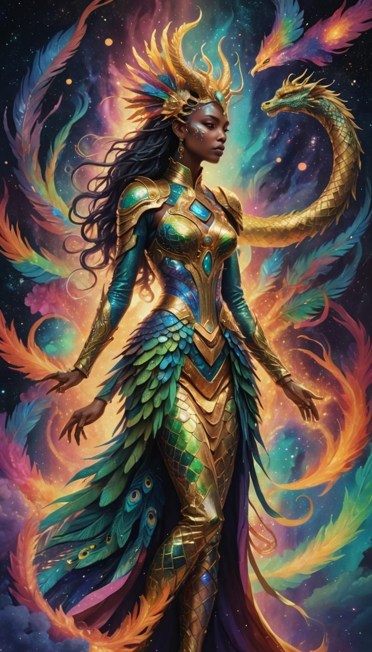 Astral Woman with Dragon Features in Cosmic Art
