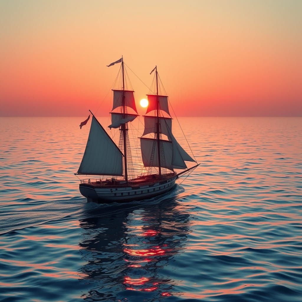 Regal Sailing Cutter on Glassy Waters at Sunset, 18th Centur...