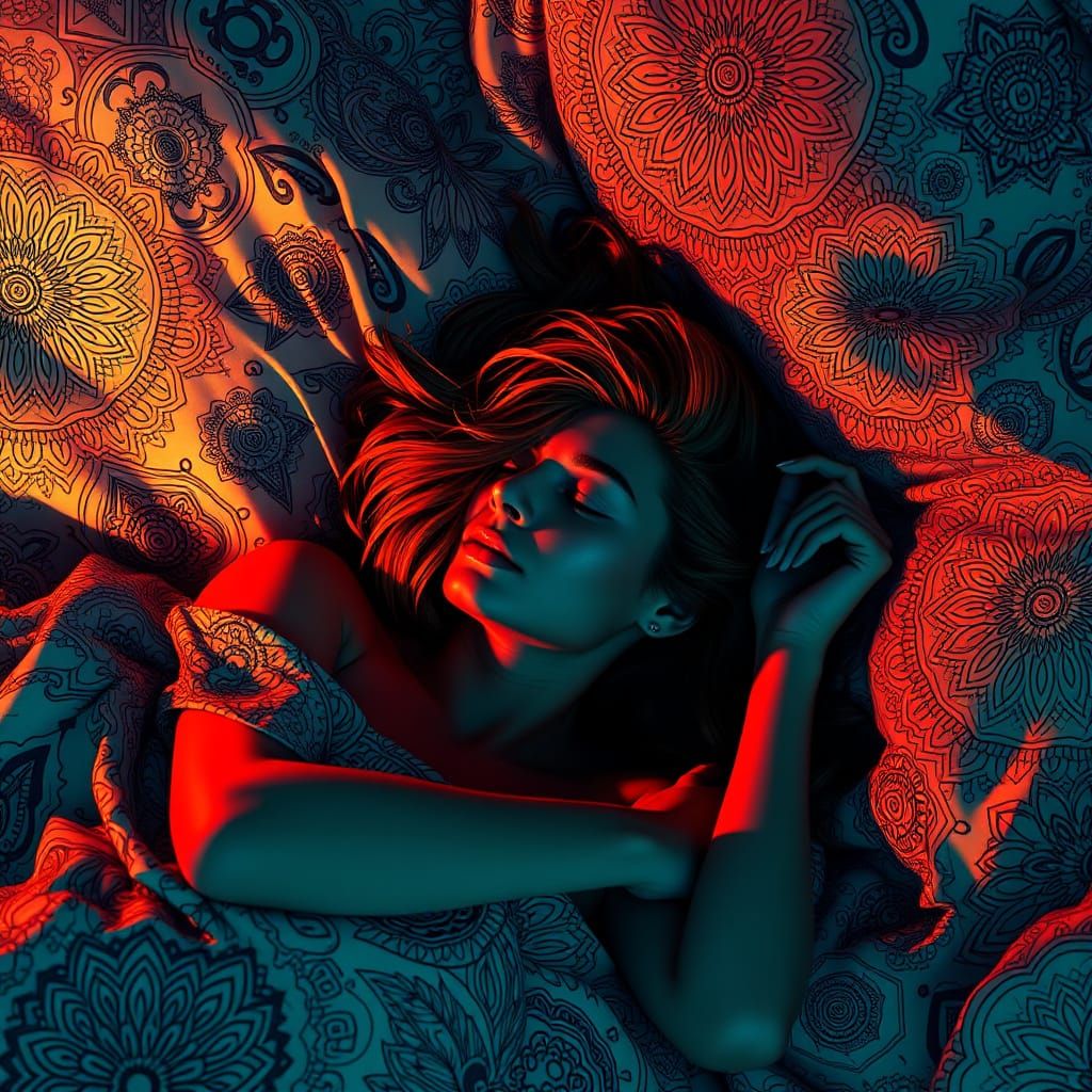 Awake in Bed with Intricate Patterns, Art Nouveau Style