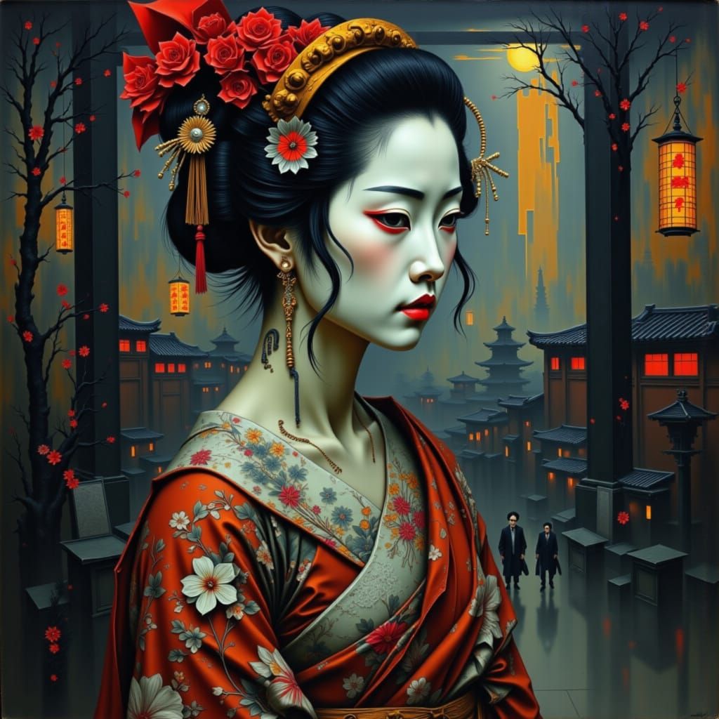 Moody Geisha in Ancient Temple