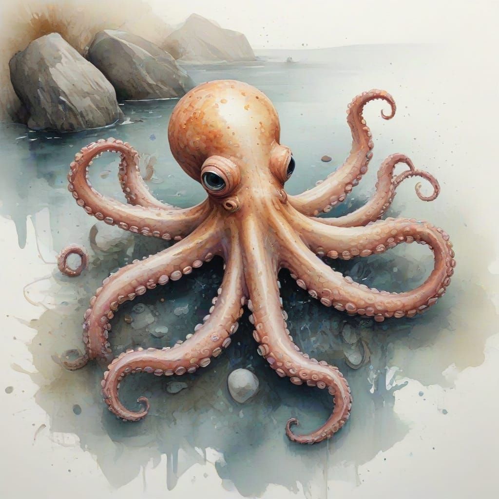 Baby Octopus Floating in Tide Pool, Luminous Watercolour Sty...