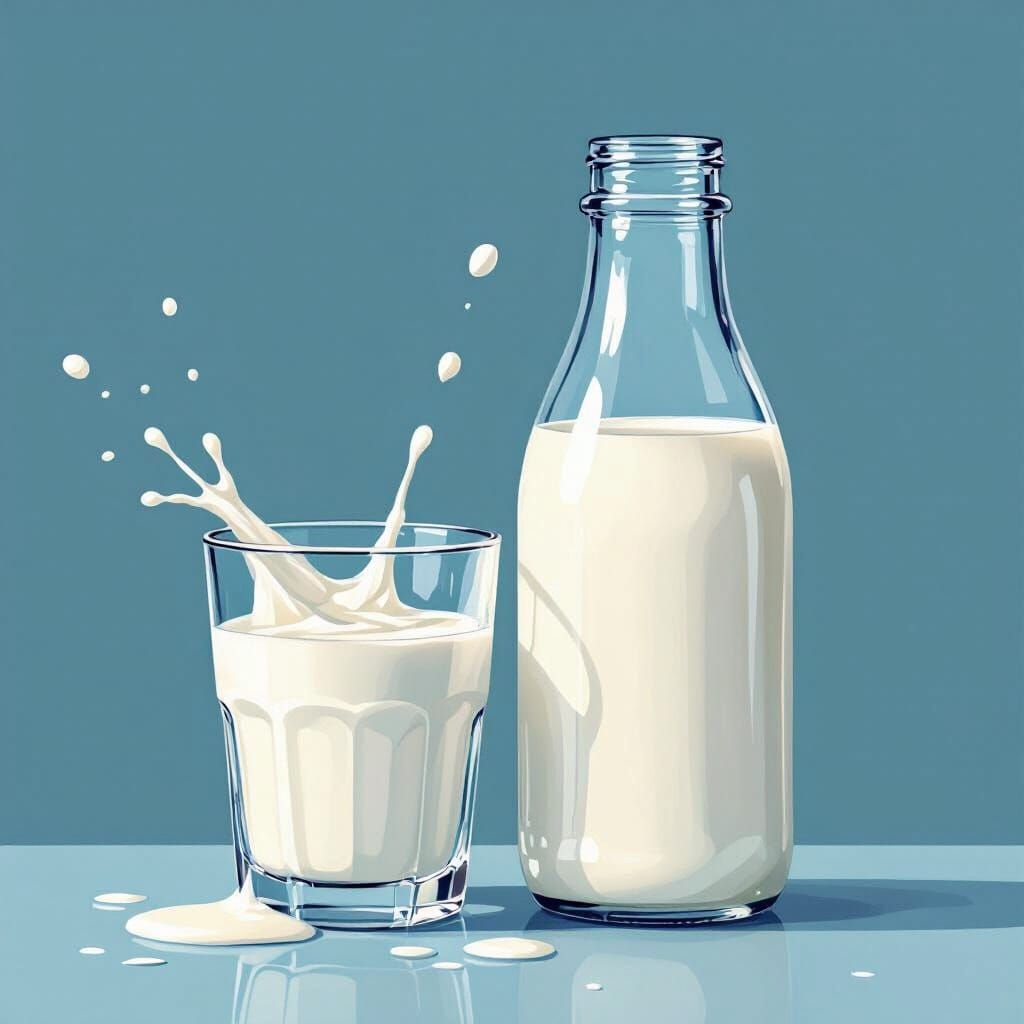Milk Bottle and Glass in Stylized Illustration