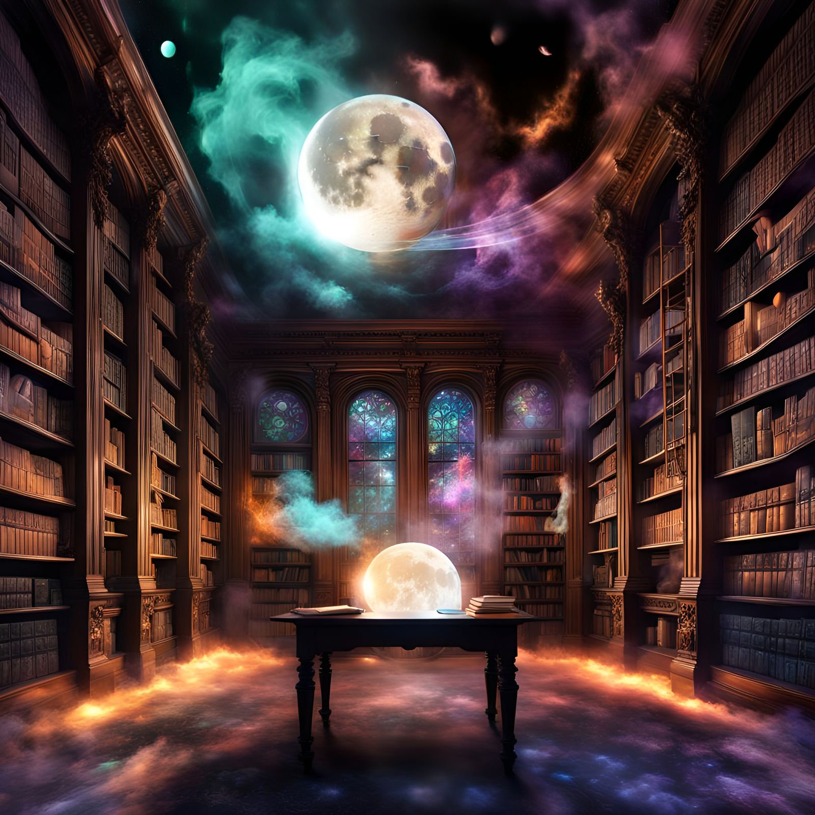 Mystical Library with Floating Planets and Bioluminescent Mo...