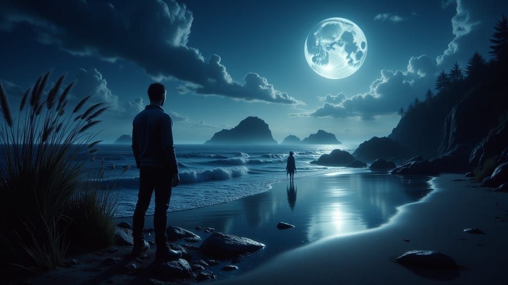 Moonlit Coastal Drama in Film Noir Style