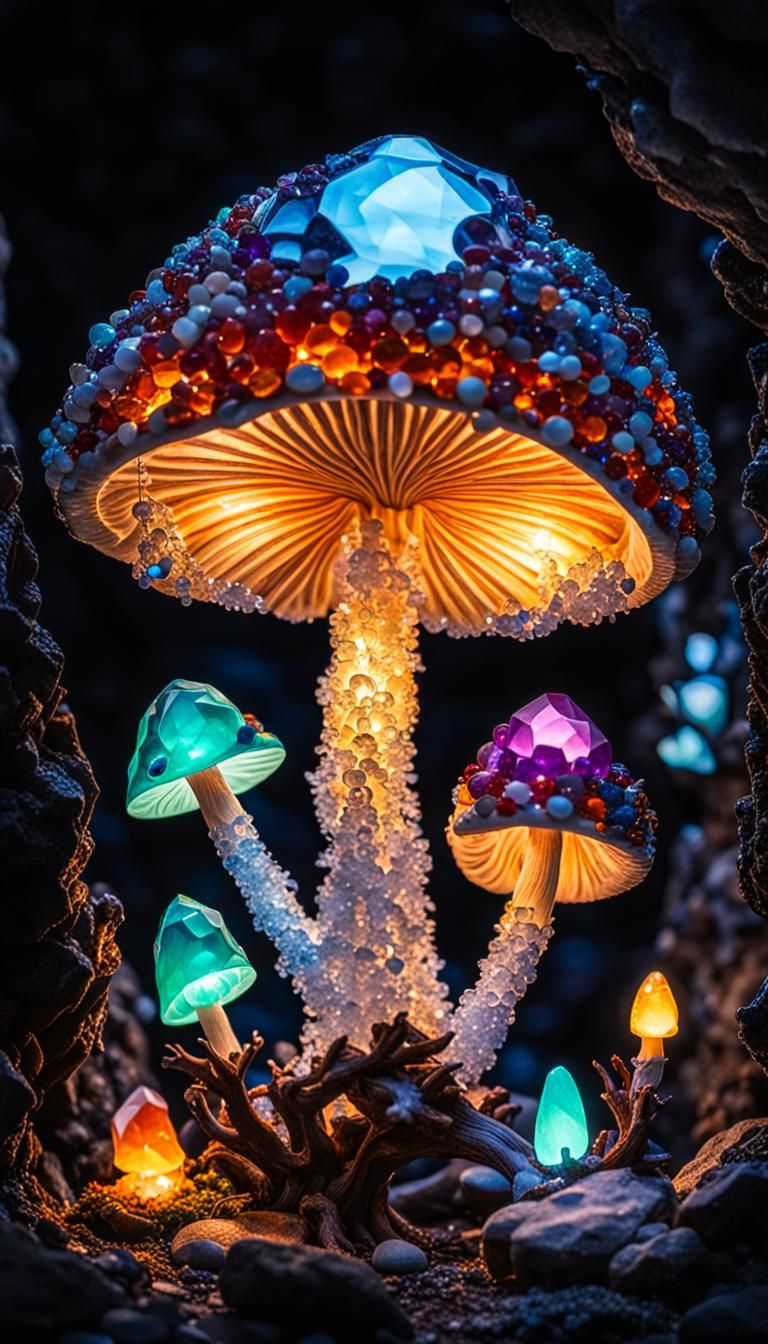 Bejeweled Gemstone Mushroom in Dark Cave
