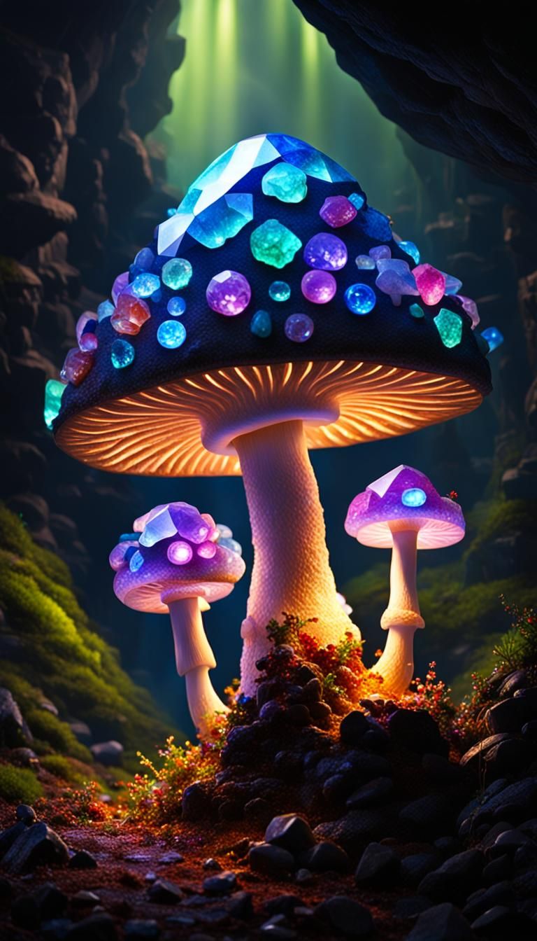 Bejeweled Glowing Mushroom in Dark Cave Geode