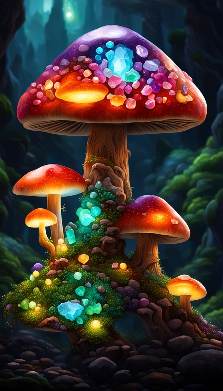 Glowing Gemstone Mushroom in Dark Cave Geode