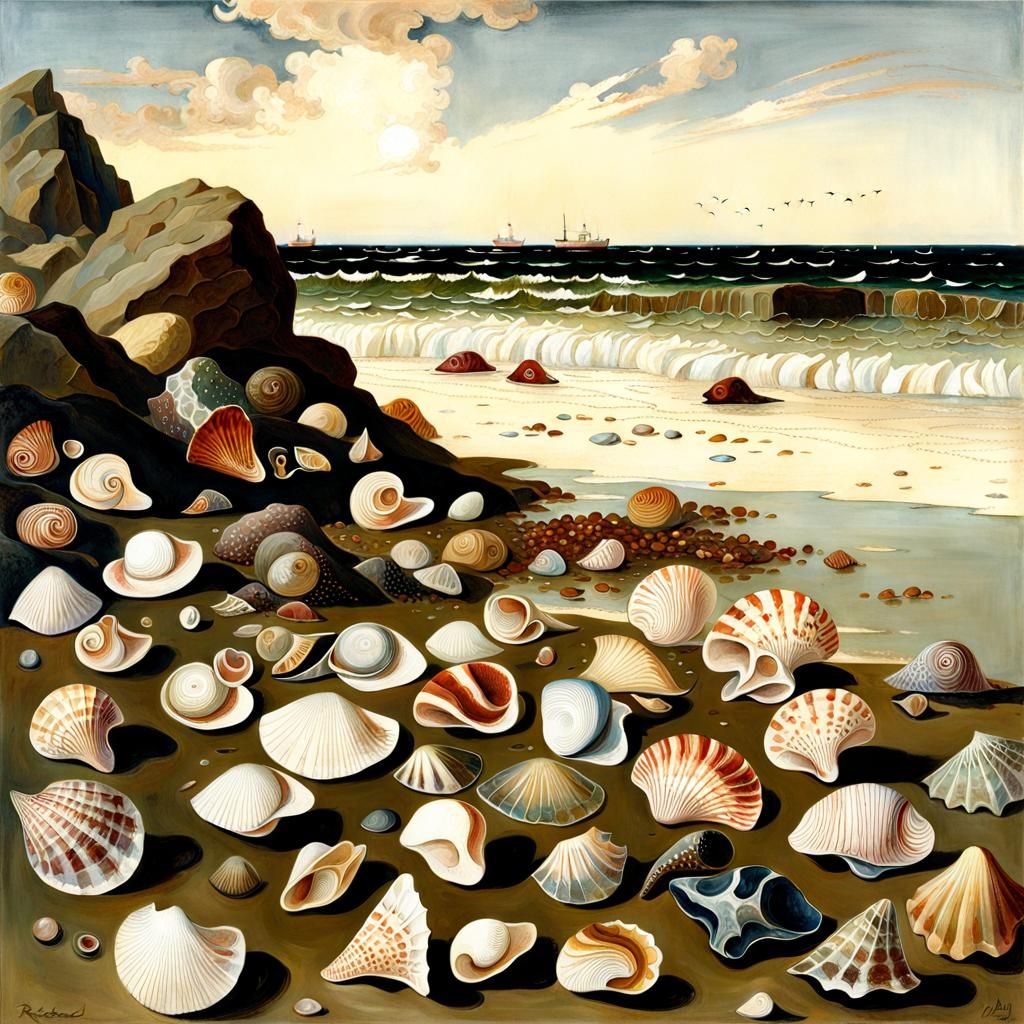 Seashells on Sunlit Beach in Fairy Painting Style