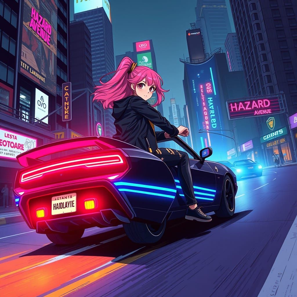 Teenage Rebel Cruises Hazard Avenue in Neon-Lit Cyberpunk St...