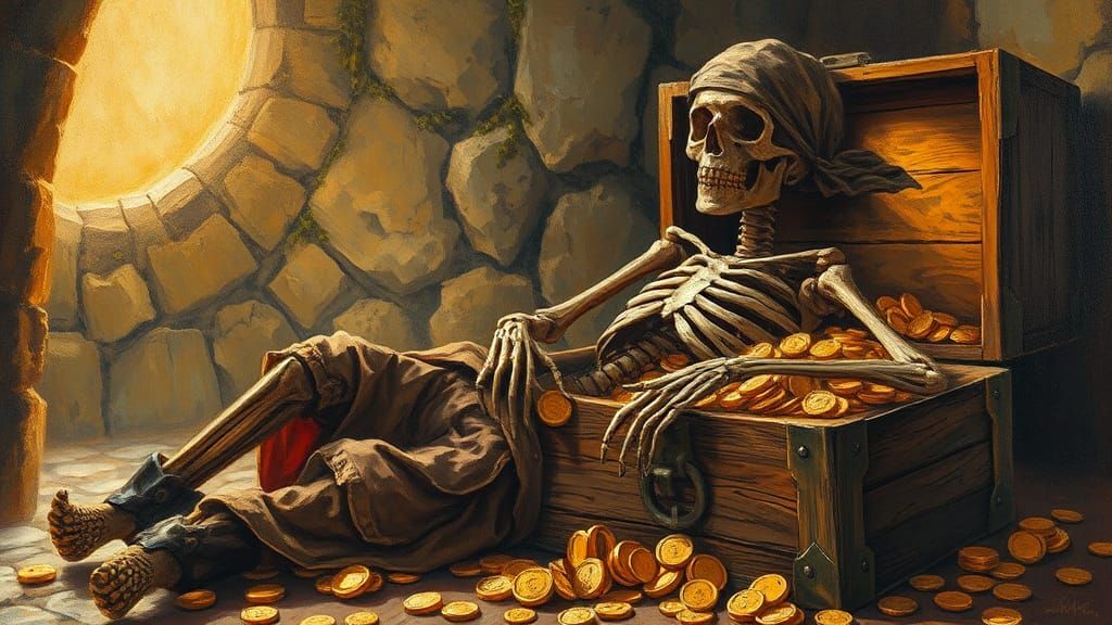 A pirate treasure chest of gold and jewels beside a skeleton in ragged scraps of clothes. In the style of Arthur Rackham...