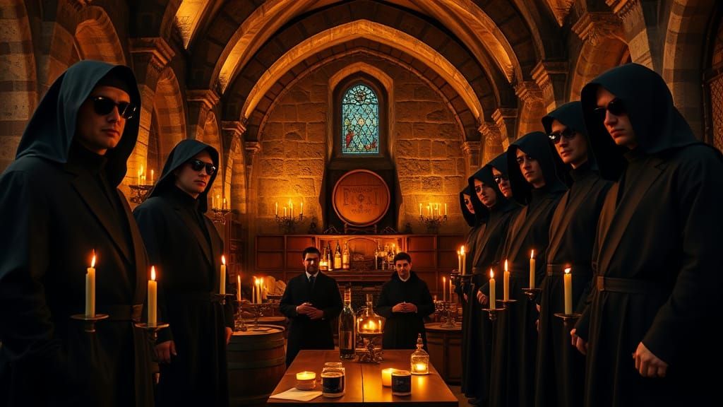 Men in Black Meet Monks in Ancient Monastery