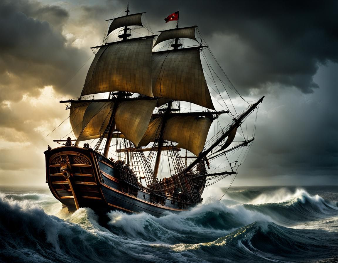 Pirate Ship Rides a Violent Storm on Massive Waves
