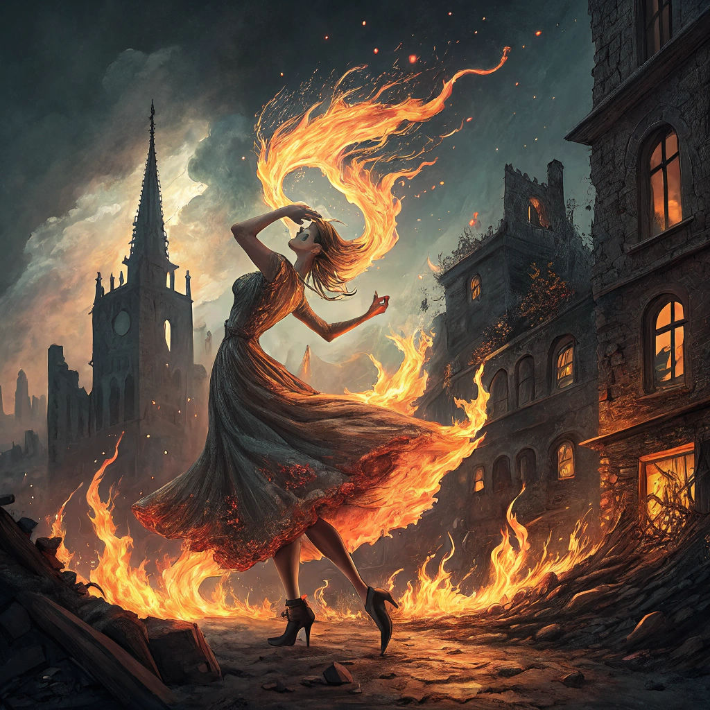 Elf Dances in Fire Dress, Fantasy Art