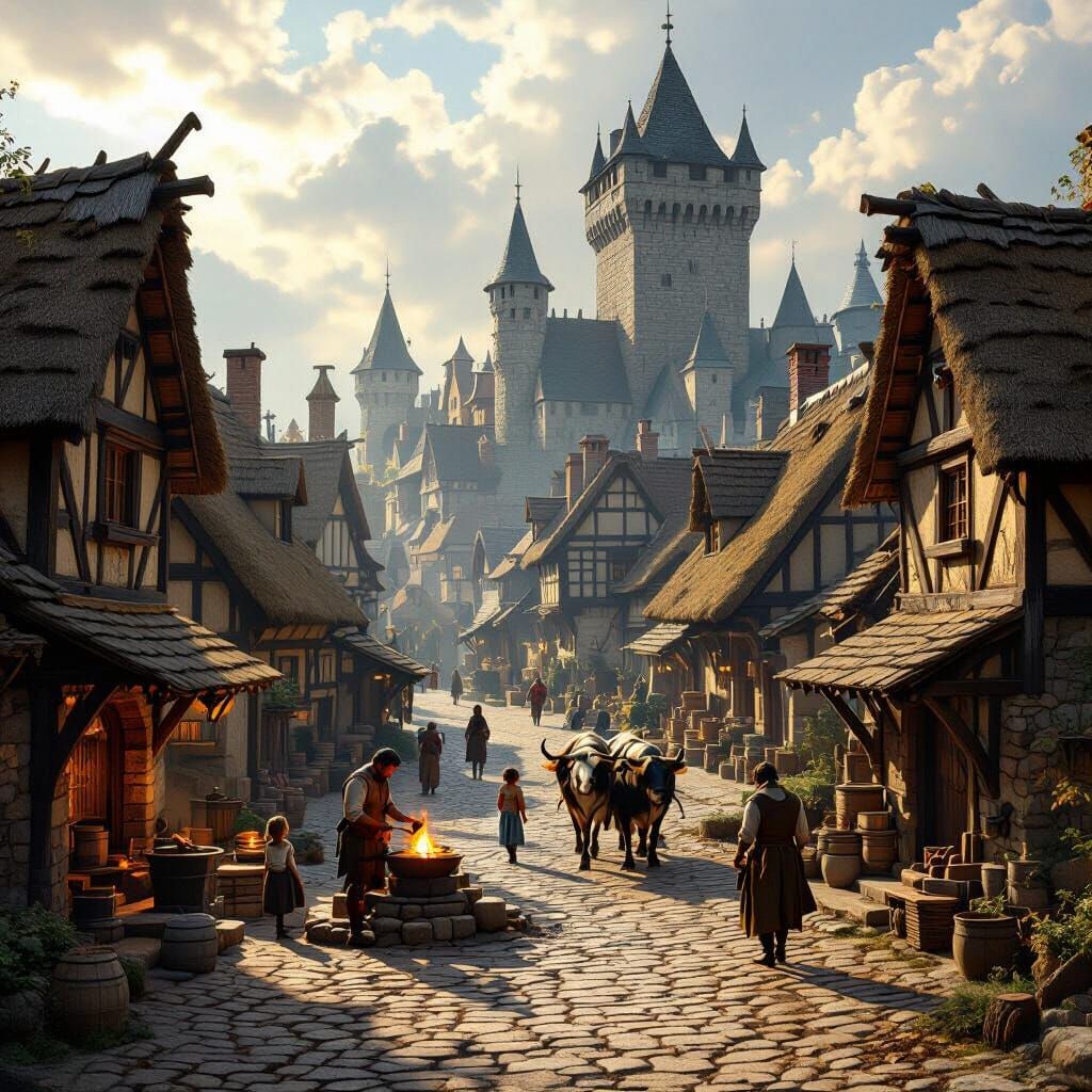 Cinematic Medieval Village Scene with Dramatic Lighting