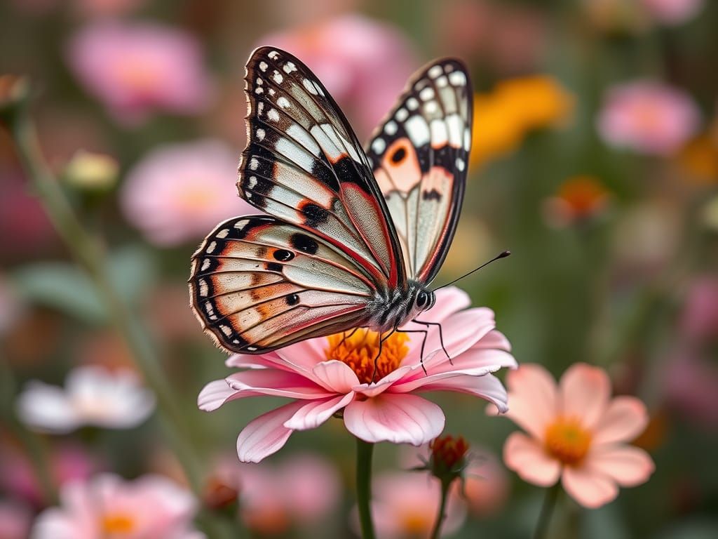 Lifelike Butterfly on Blooming Wildflowers in Dreamy Surroun...
