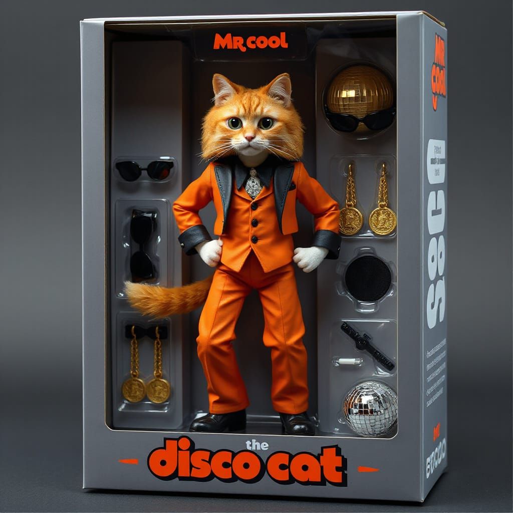 Hyperrealistic Ginger Cat Action Figure in Disco Attire