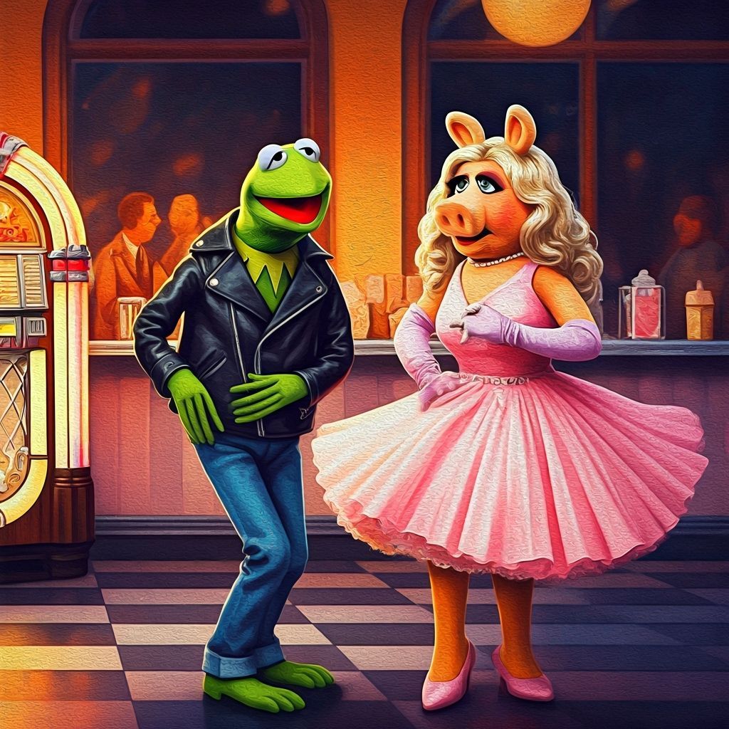 The Muppets, 1950s, Kermit wearing a black leather jacket an...