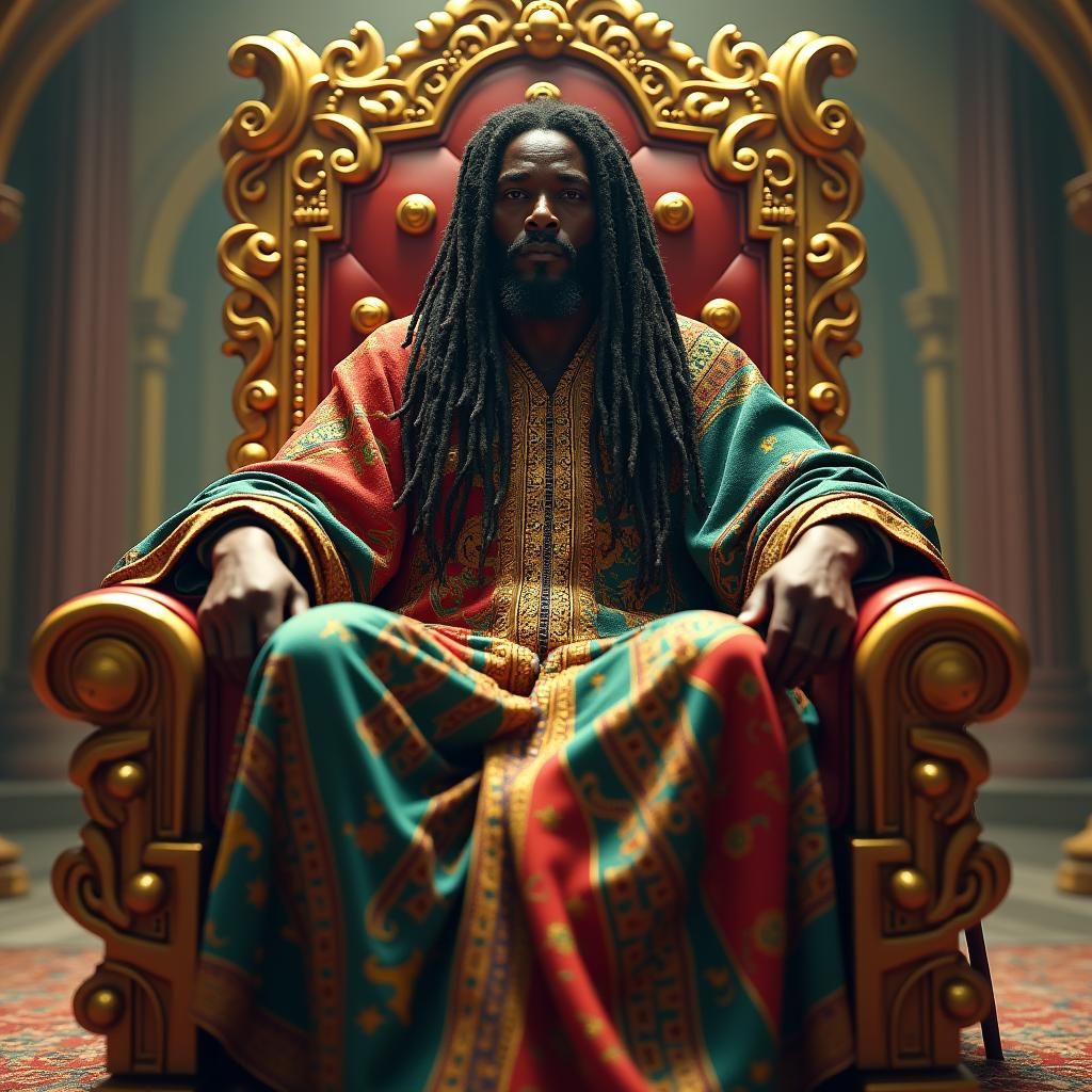 Black Rastaman on Ornate Throne in Baroque Style