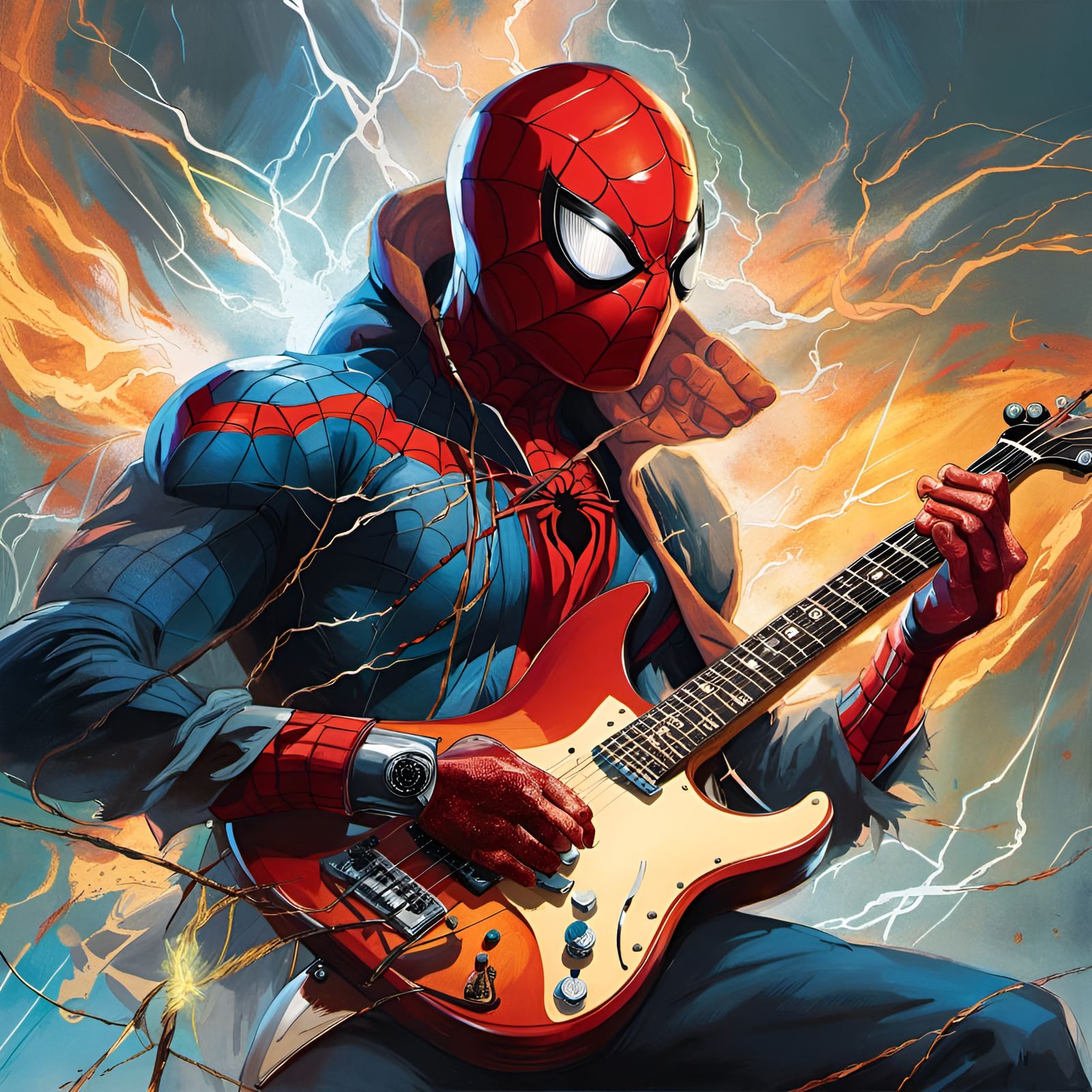 Spider-Man Guitar Portrait in Renaissance Pin-Up Style