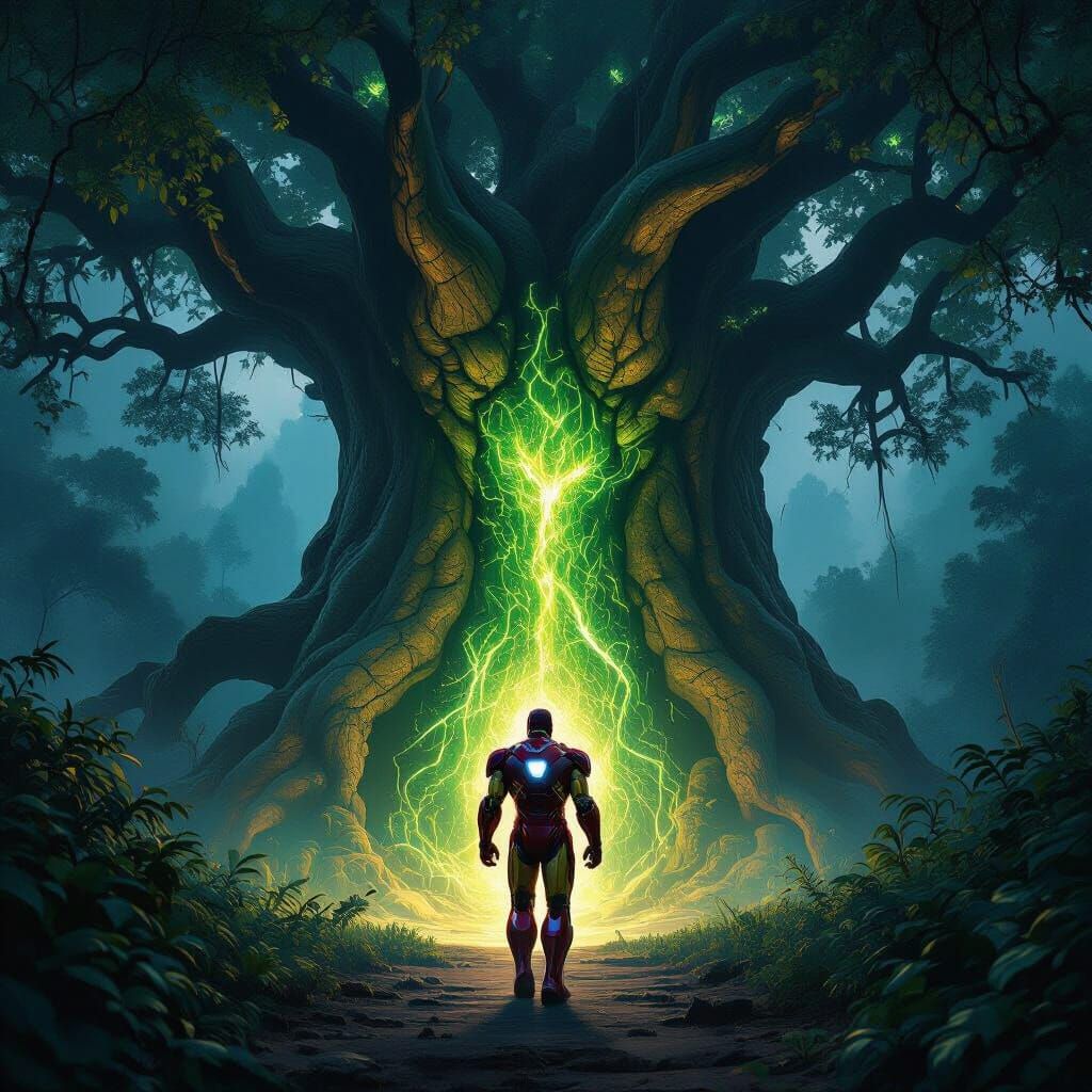 Iron Man Confronts Glowing Ancient Tree