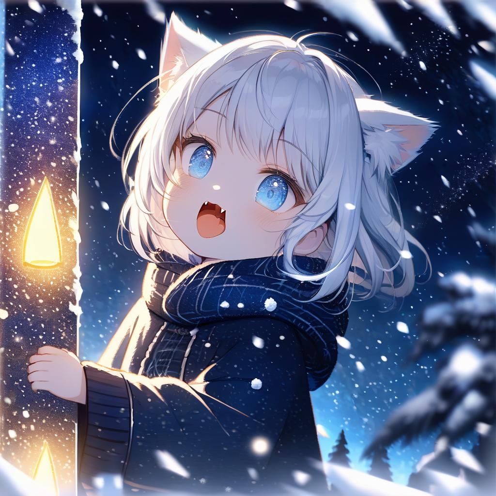 Cute Catgirl Licking Frozen Pole on Winter Night