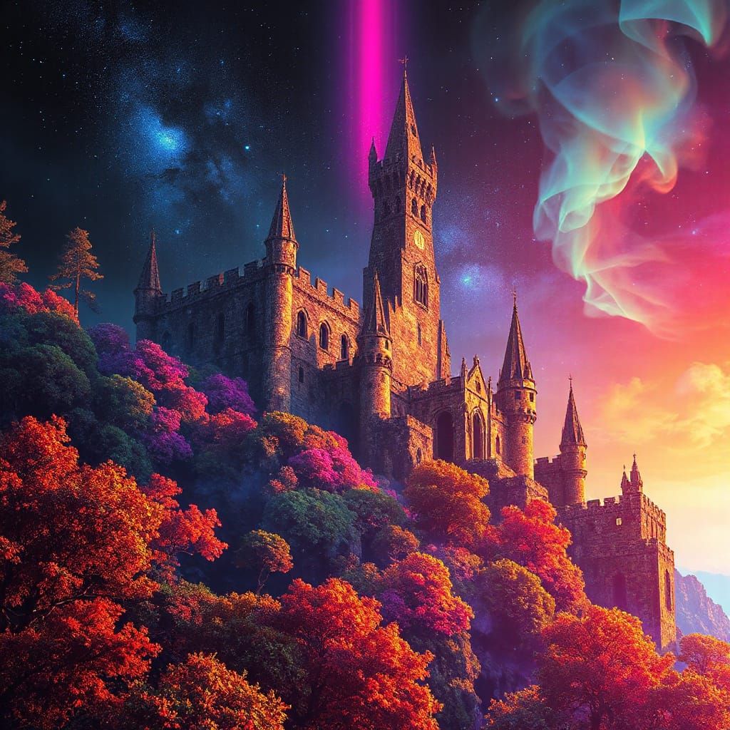 Ancient Castle in Bioluminescent Forest with Cosmic Energy