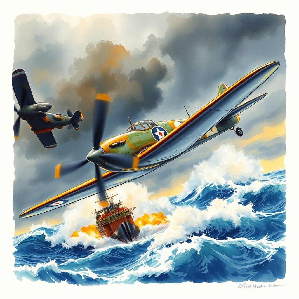 Heroic Biplane Battles Stormy Atlantic Skies in Vibrant Wate...