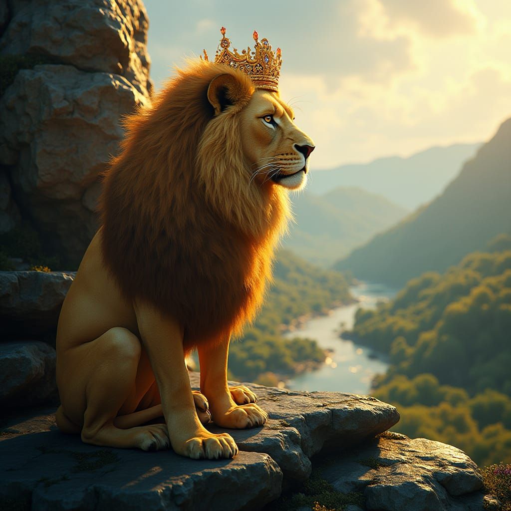 Regal Lion Reigns Over Golden Kingdom in Cyberpunk Fantasy A...