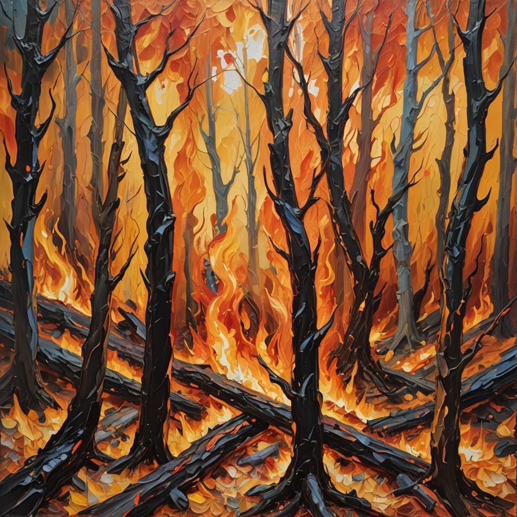 Woods Ablaze: Neo-Expressionist Oil Painting in Impasto