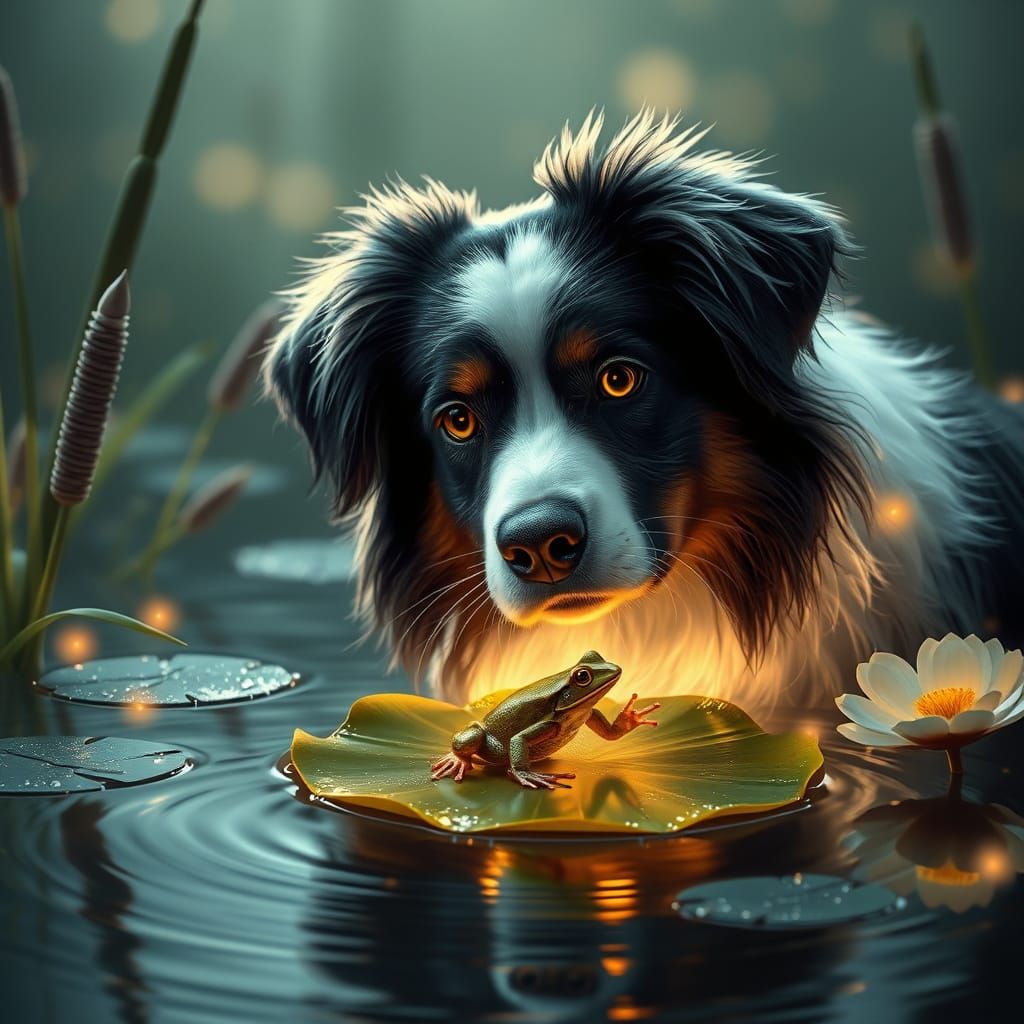 Australian Shepherd Gazing at Enchanted Frog in Soft Light