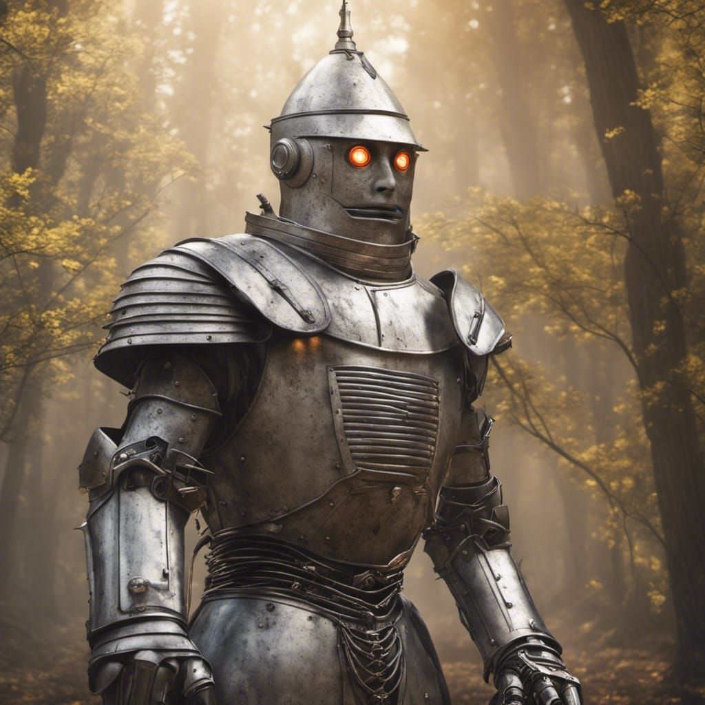Tin Man with Cybernetic Armor in Fantasy Forest