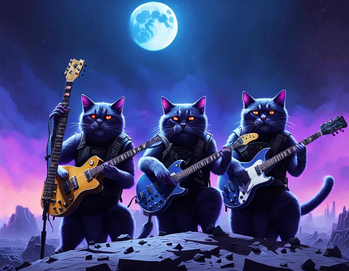 HYPER REALISTIC, P[ERFECT, SMOOTH, HD QUALITY, COSMIC record album sleeve cover of a heavy metal cat band