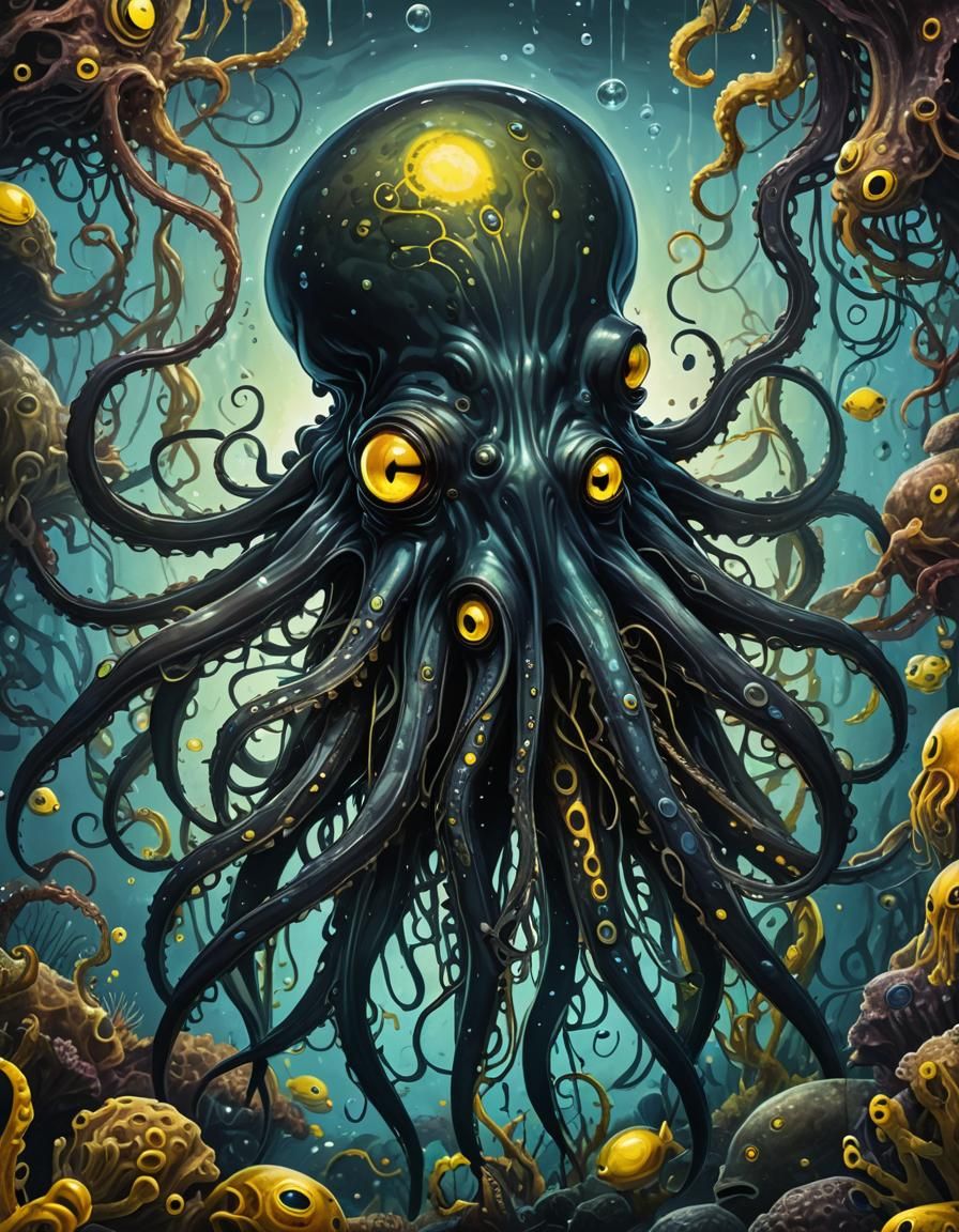 Dark Fantasy Squid Illustration with Bioluminescent Eye