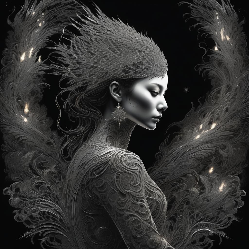 Fiery Phoenix Fractal Woman in Dark Fantasy Style