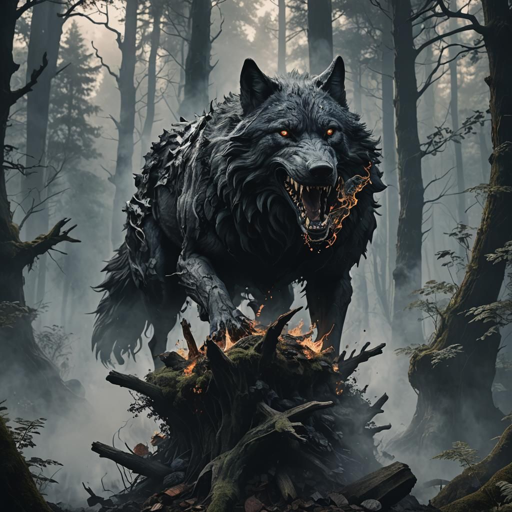 Ethereal Smoke Wolf in Dark Forest