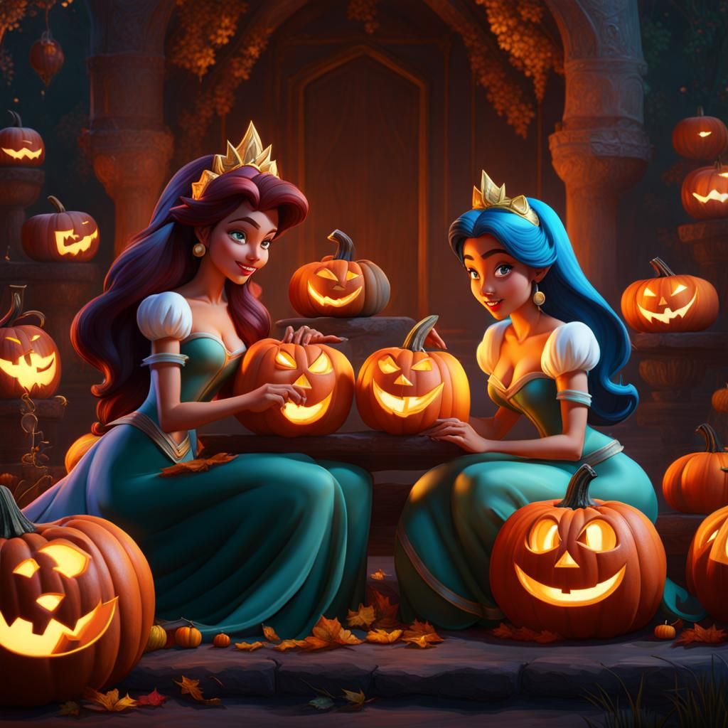 Ariel and Jasmine Carving Pumpkins: Fantasy Concept Art