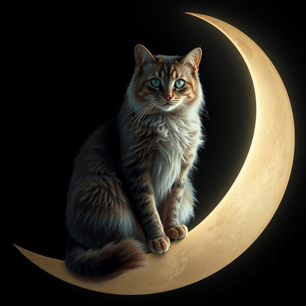Majestic Cat on Luminous Moon in Hyperrealistic Style