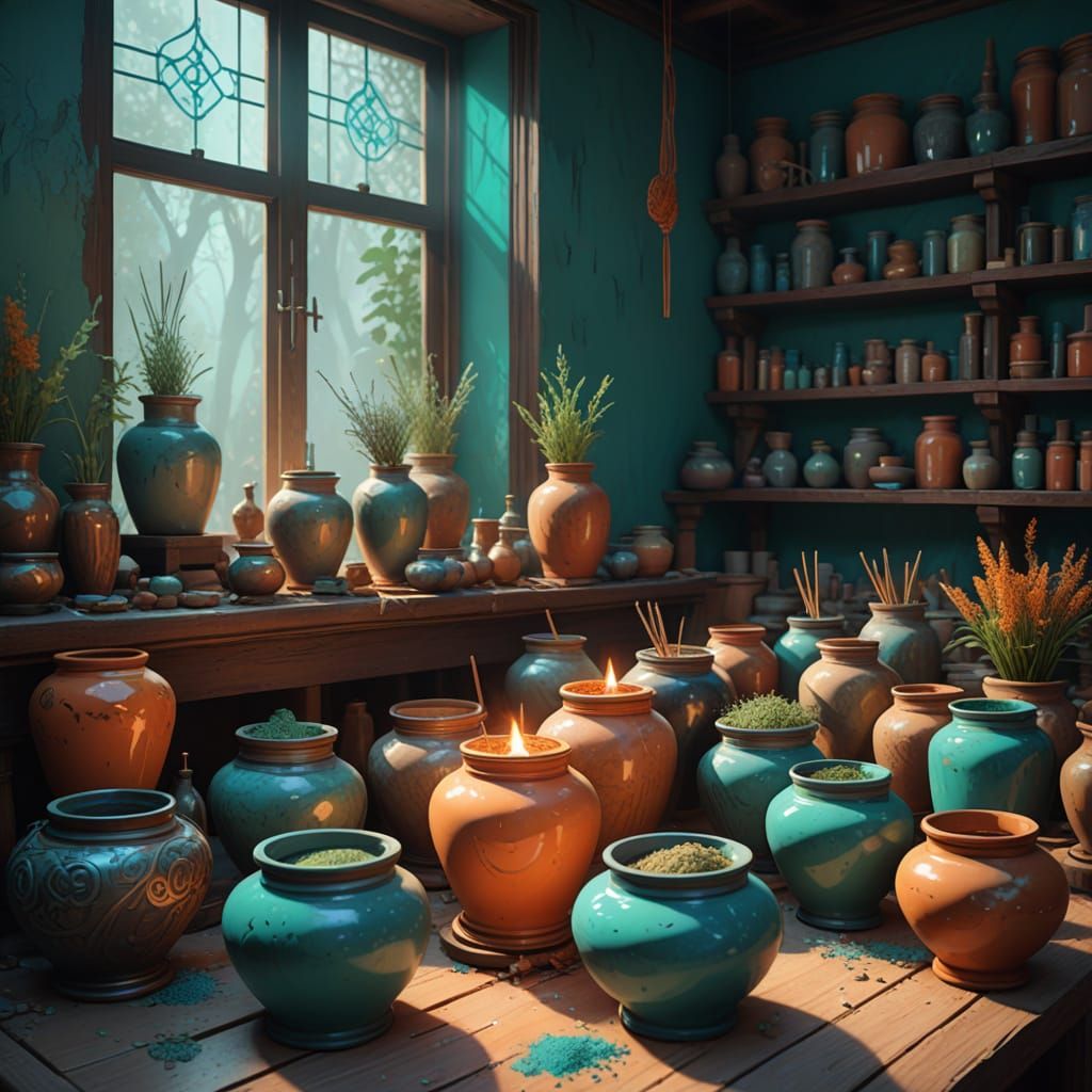 Incense Workshop Interior in Hyperdetailed Pastel Art