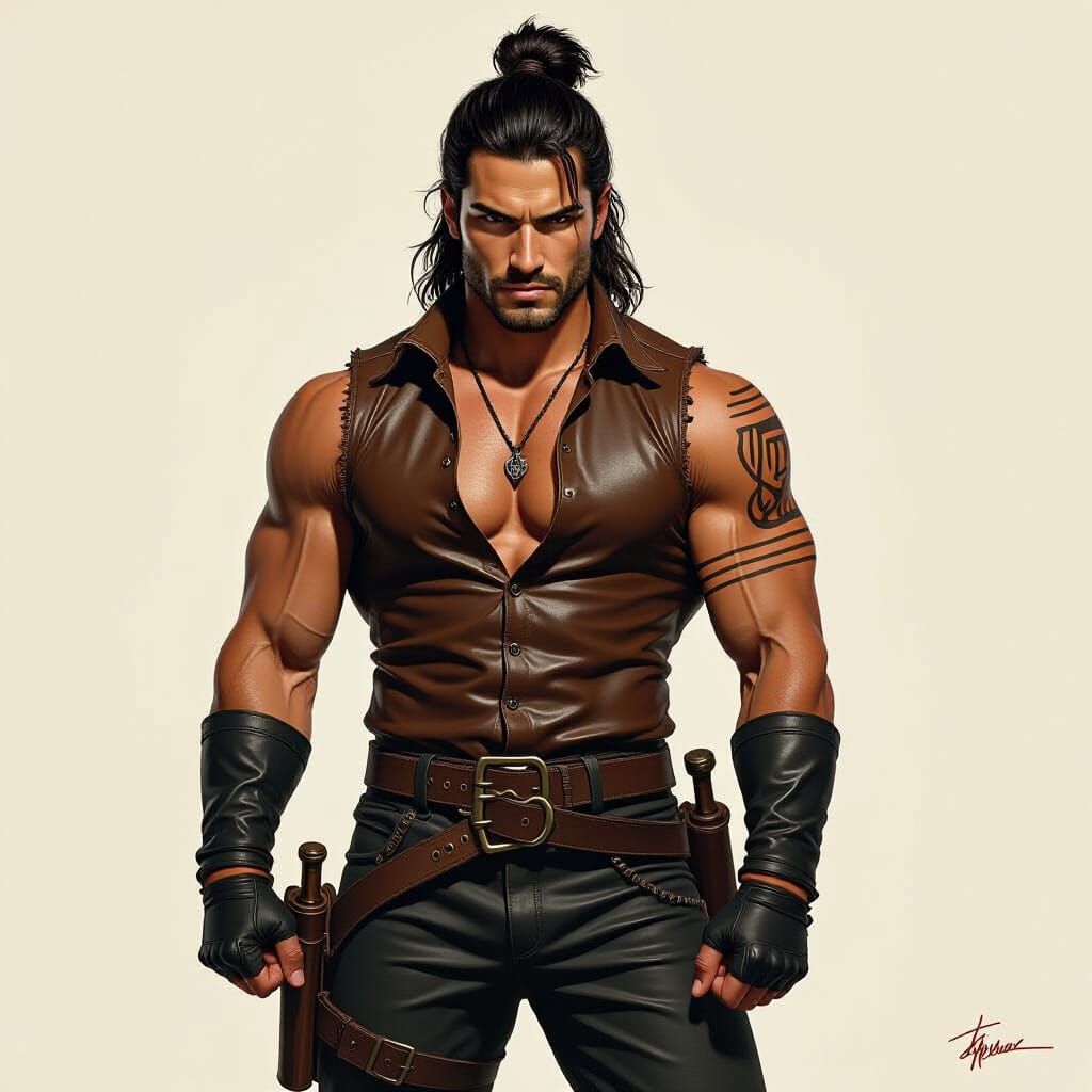 Muscular Latino Warrior in Dramatic Chiaroscuro Lighting