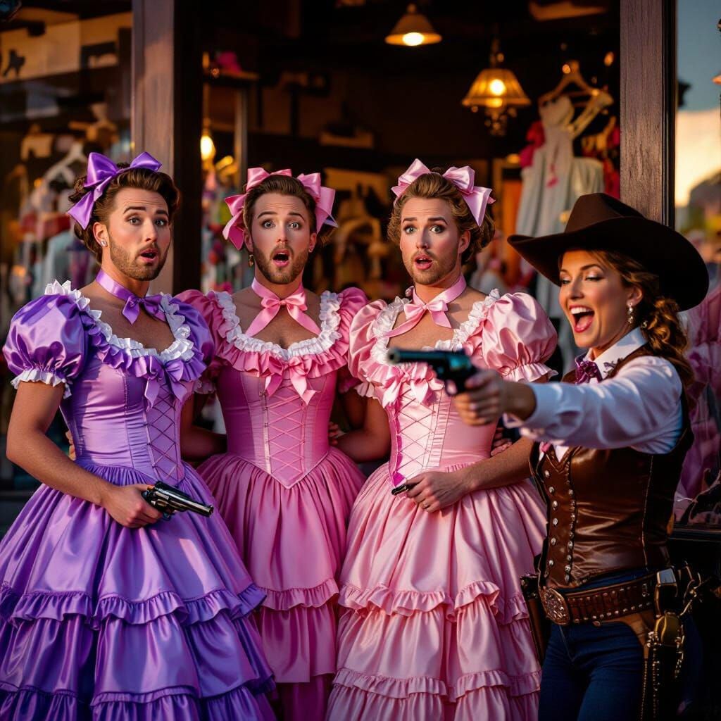 Shocked Men in Southern Belle Dresses Confronted by Sheriff