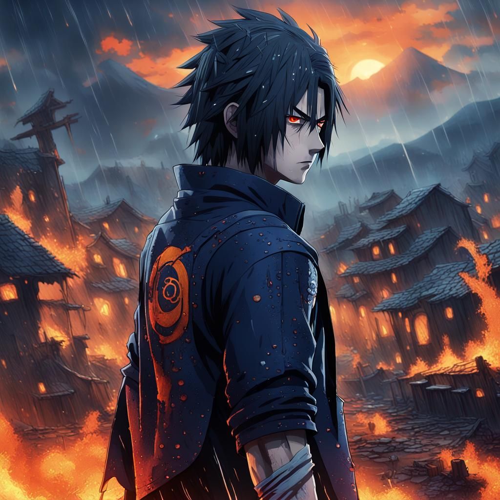 Sasuke Uchiha, a solitary ninja, stands amidst a ruined vill...
