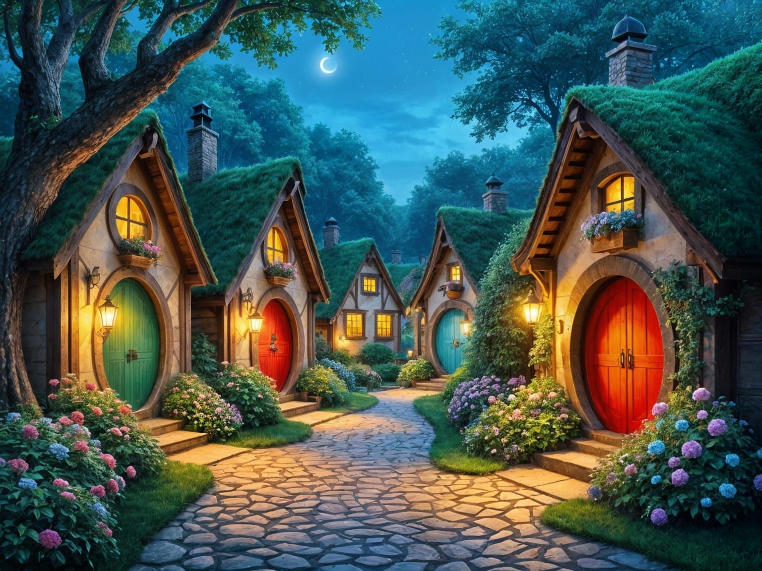 Charming Hobbit Village at Night as Oil Painting